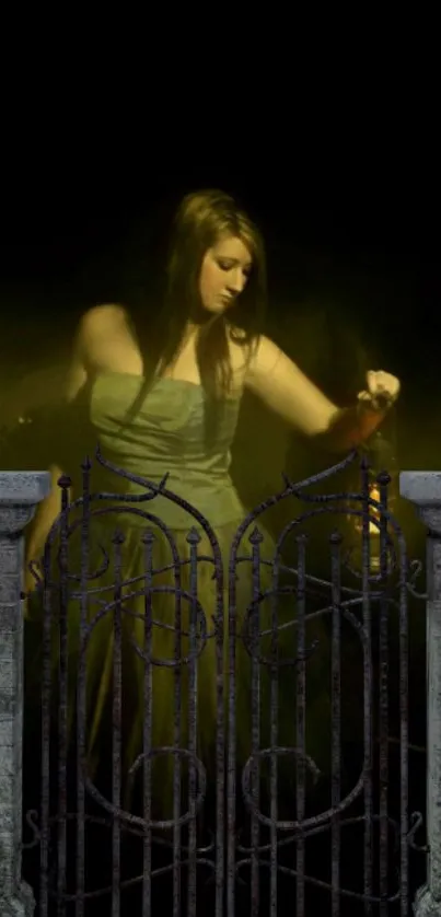 Mystical woman behind wrought iron gate in dark ambiance wallpaper.