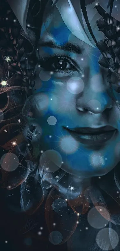 A captivating mystical art wallpaper with a woman's face in blue hues.