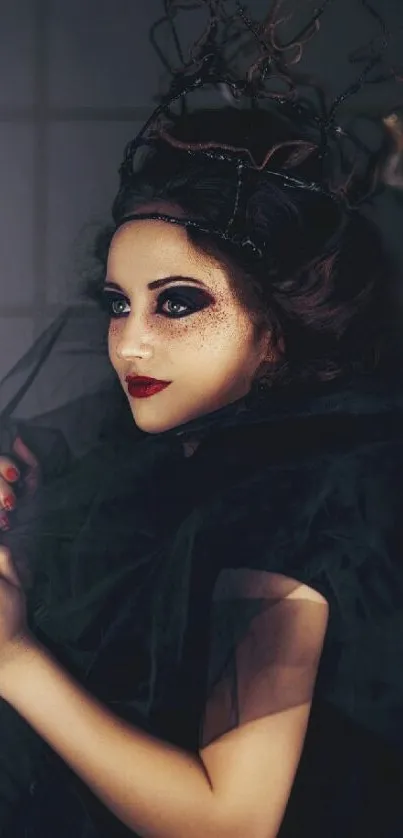 A mystical woman with dramatic makeup and a black veil on a dark background.