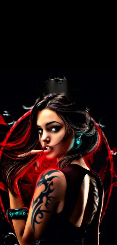 Mystical woman in dark art with tattoos on a vibrant red and black background.