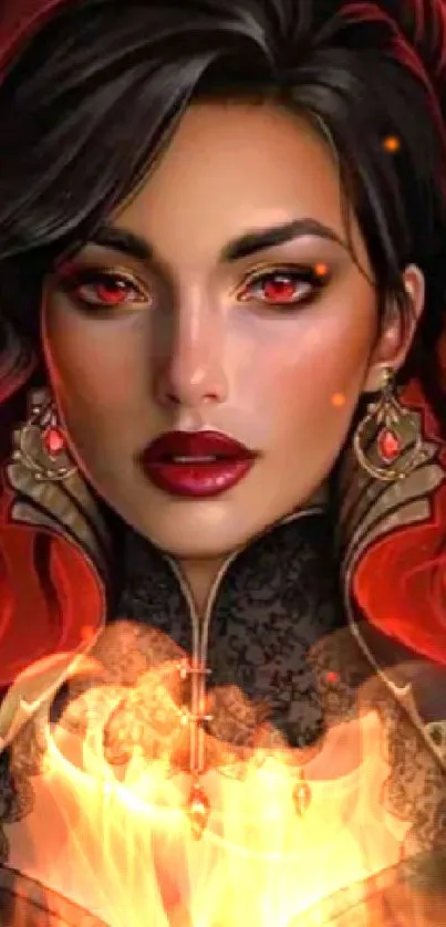 Mystical woman with red eyes and gothic attire in dark fantasy style.