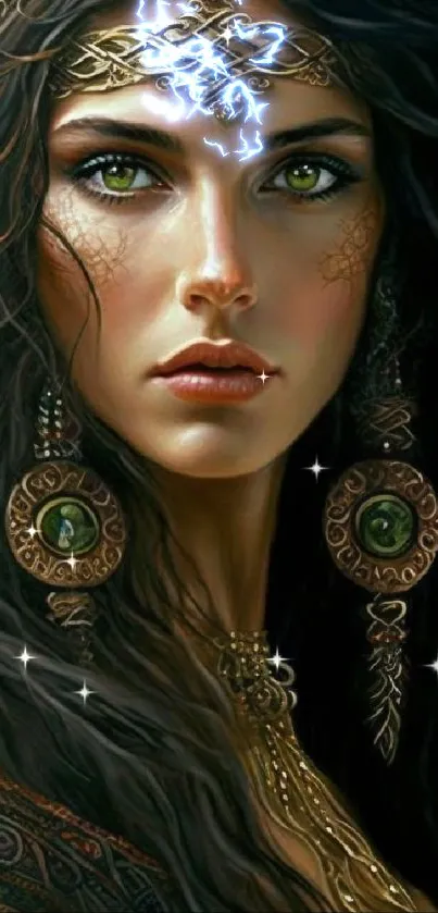 Fantasy portrait of a mystical woman with ornate jewelry.