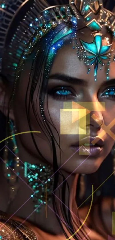 Portrait of a mystical woman in intricate jewelry, glowing in teal hues.