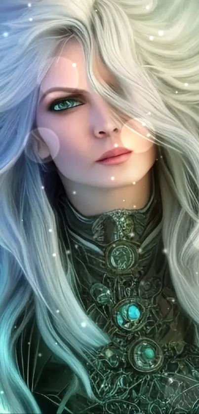 Mystical woman with silver hair in fantasy art wallpaper.