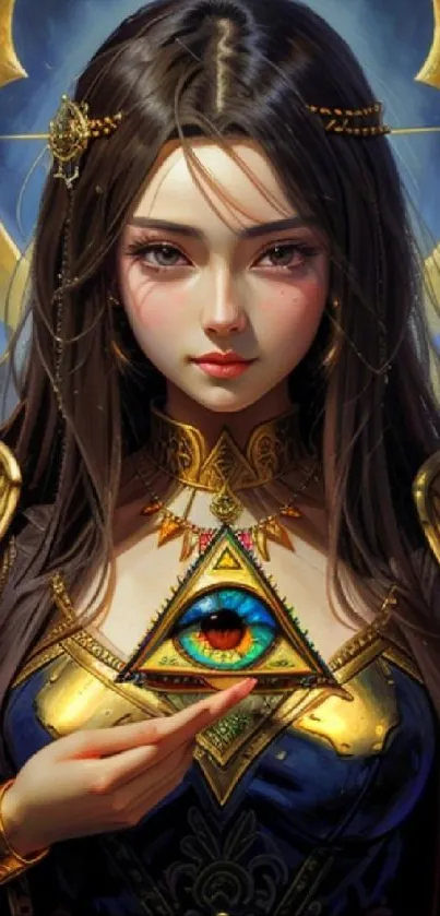 Mystical woman holding a glowing triangle with an eye in fantasy art wallpaper.