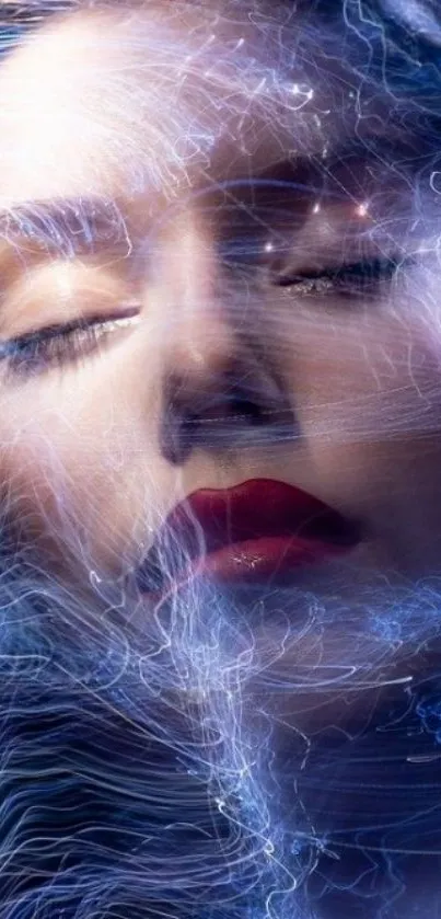 Mystical woman's face with ethereal swirling lights.