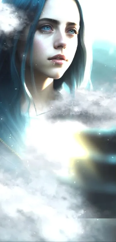 Mystical woman with clouds in fantasy wallpaper.