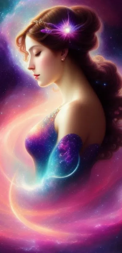 Mystical woman surrounded by colorful galaxy swirls in a cosmic artwork for mobile wallpaper.