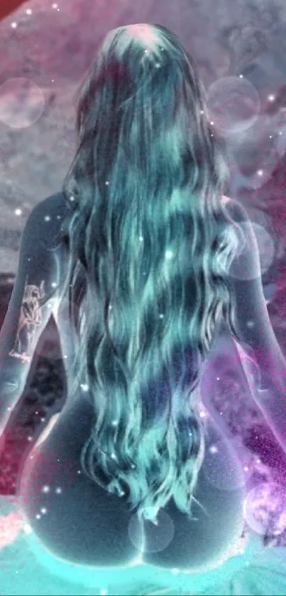 Mystical figure with long hair in a galaxy-themed design.