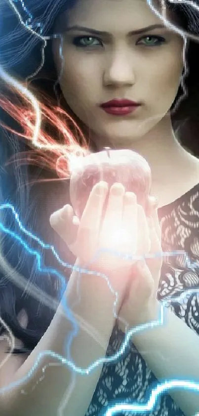 Mystical woman holds shiny apple amid electric blue energy