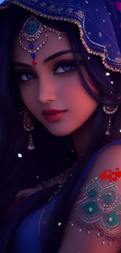 Digital artwork of a mystical woman in elaborate blue attire, with intricate details.