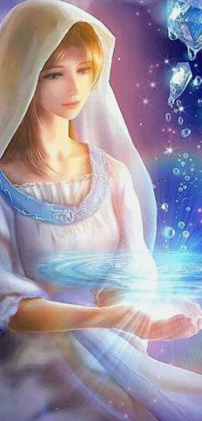 Mystical woman with blue aura and floating gems wallpaper.