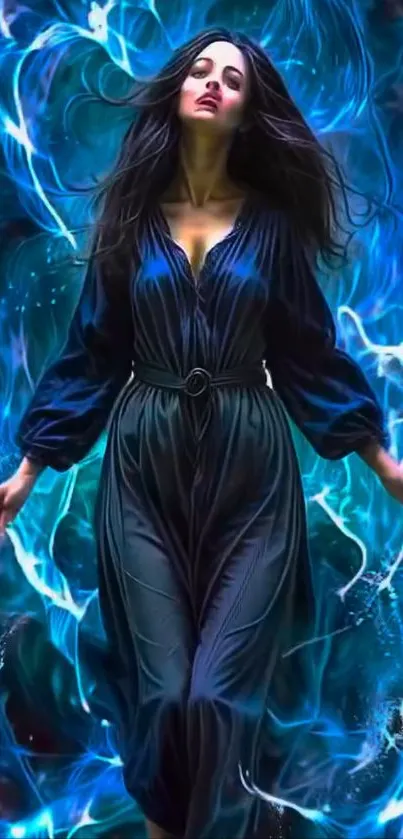 Woman in flowing dress with blue aura background.