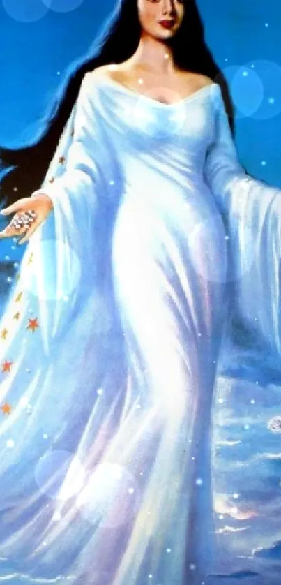 Mystical woman with long gown in blue ocean.