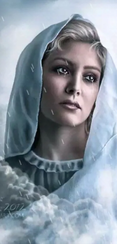 Mystical woman in blue veil with clouds.