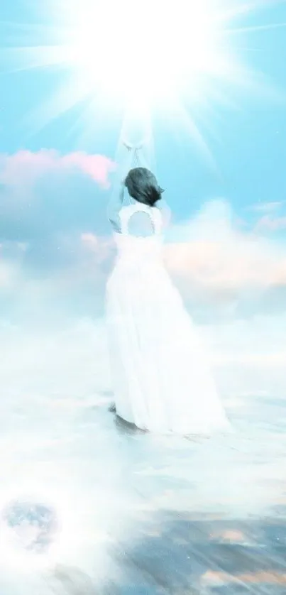 Ethereal woman reaching for light in celestial sky background.