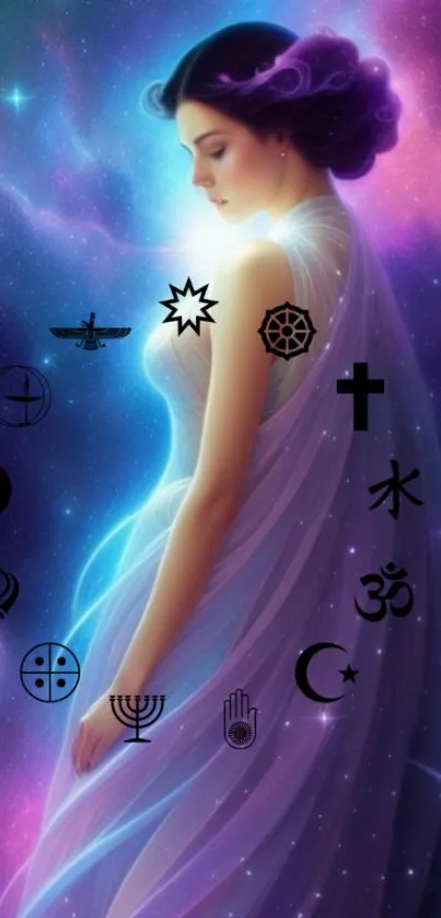 Mystical woman in a cosmic scene with spiritual symbols and purple hues.