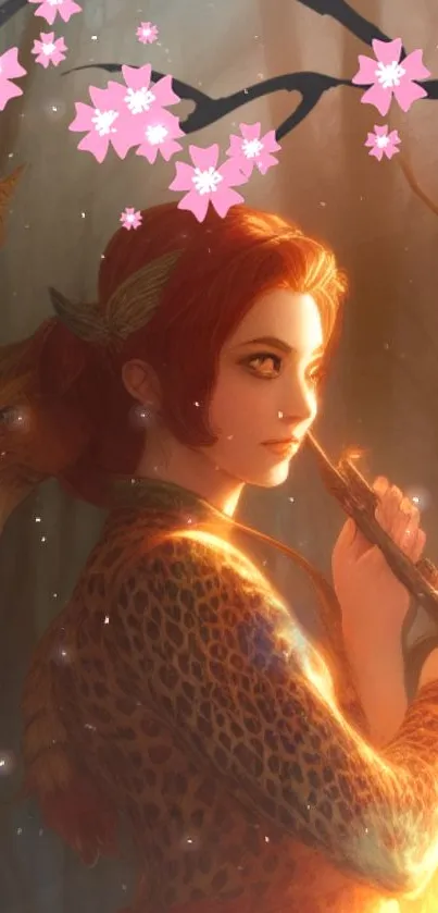 Mystical woman playing flute in forest with cherry blossoms and warm golden tones.
