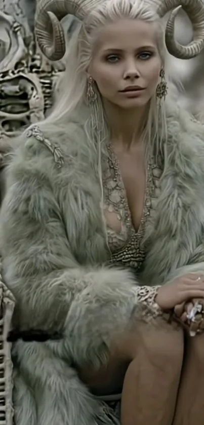 Mystical woman in fur coat with horns seated elegantly.