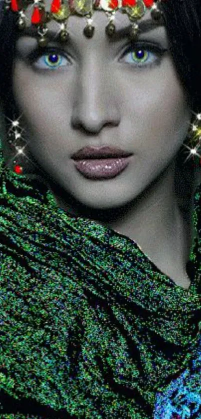 Mystical woman with sparkling jewels and vibrant dark green attire.