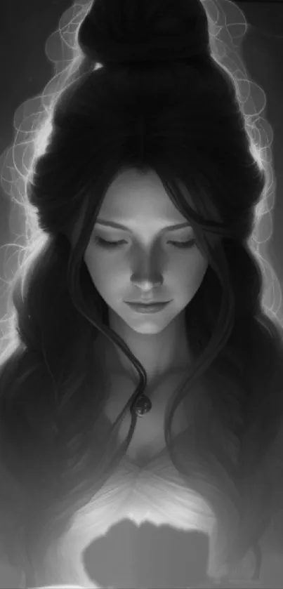 Monochrome artwork of a mystical woman in elegant light.