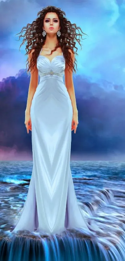 Elegant woman in a white gown stands amidst ocean and sky.