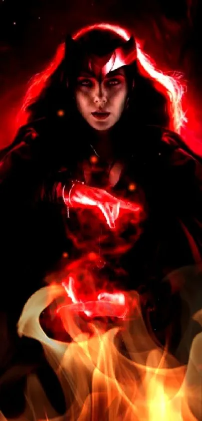 Mystical woman with red glowing aura in dark background.