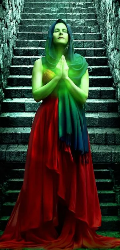 Mystical woman in red dress on ancient stone stairs.