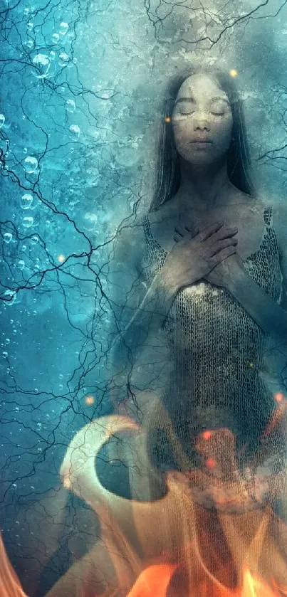 Abstract image of a mystical woman submerged in water with fiery elements.