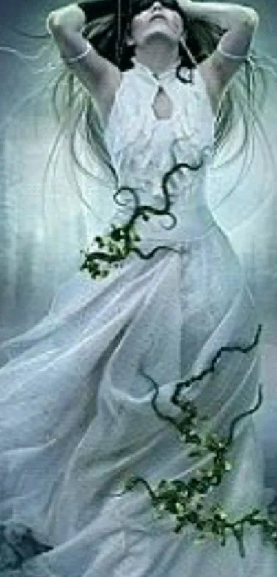 Mystical woman in white dress with ivy in foggy backdrop.