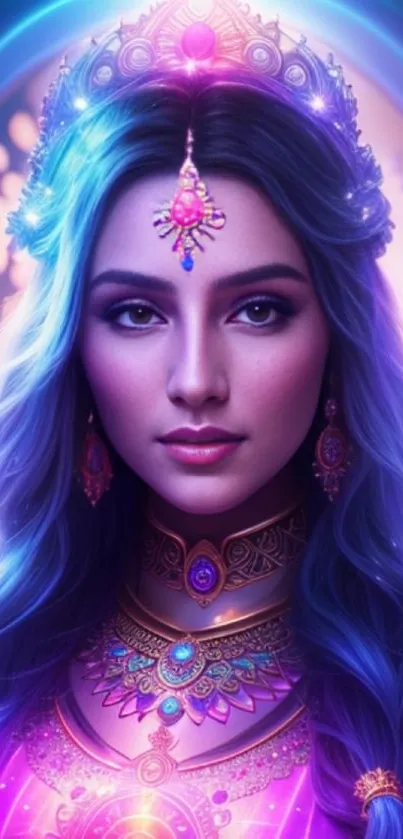 Mystical fantasy woman with blue tones and elegant jewelry.