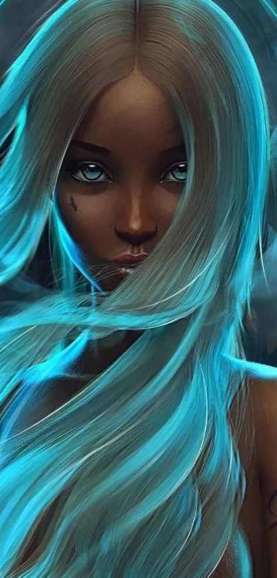 Mystical woman with glowing blue hair wallpaper.