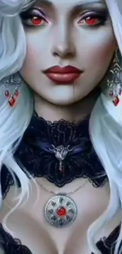 Mystical woman with white hair and red eyes, wearing ornate jewelry.