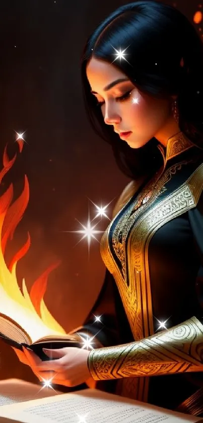 Mystical woman reading by firelight with vivid flames, creating a fantasy scene.