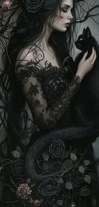 Mystical woman in lace with a black cat and roses.