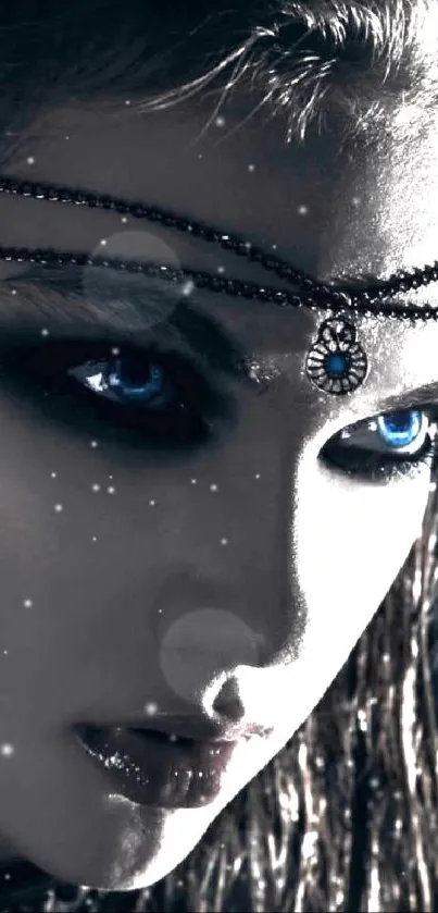 Mysterious woman with striking blue eyes wearing elegant jewelry.