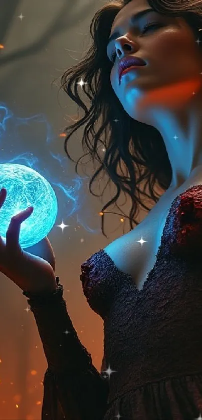 Woman holding a glowing blue orb in a mystical setting, magical and enchanting.