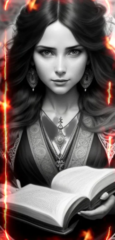 Grayscale portrait of a mystical woman with fiery accents, holding a book.