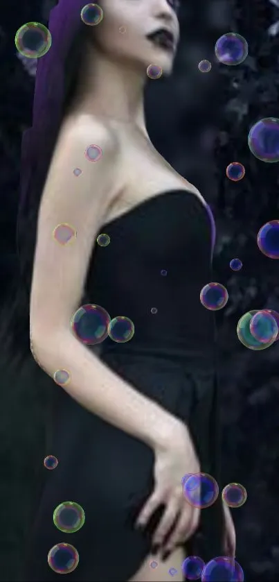 Elegant woman surrounded by bubbles in dark mystical background.