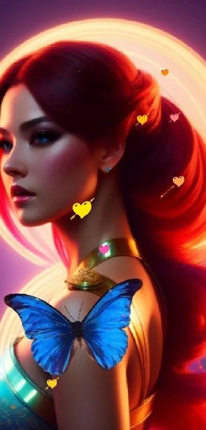 Woman with vibrant red hair, glowing aura, and blue butterfly on shoulder.