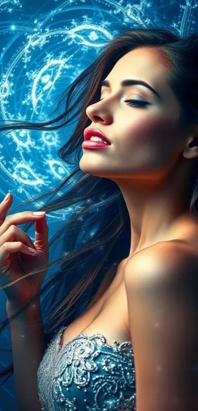 Mystical woman with cosmic aura against a blue background