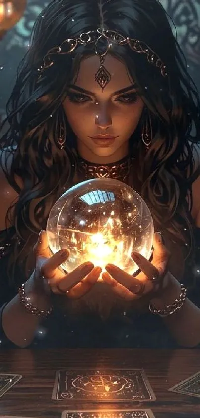 A mystical woman holding a glowing crystal ball.