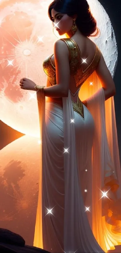 Goddess in golden dress with two glowing moons.