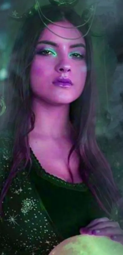 Mystical woman with celestial aura in a purple and green fantasy wallpaper.