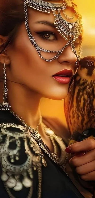 Woman with falcon and ornate jewelry in sunset background.