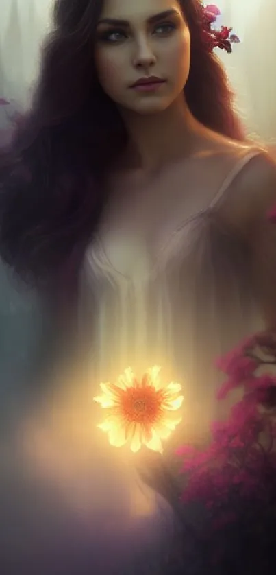 Mystical woman with glowing flower in misty ambiance.