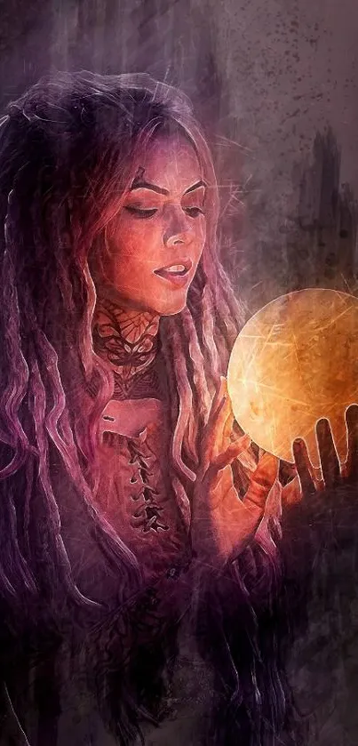 Mystical woman holding a glowing orb in a dark fantasy setting.