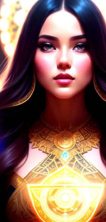 Mystical woman with golden aura and intricate celestial designs.