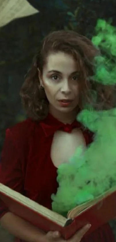 Mystical woman with red dress holding book emitting green smoke.