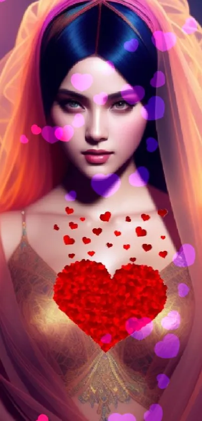 Mystical woman with heart design and vibrant colors.